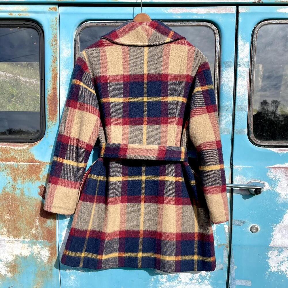 60s navy red & camel buffalo plaid mohair wool belted swing coat - Picture 2 of 6